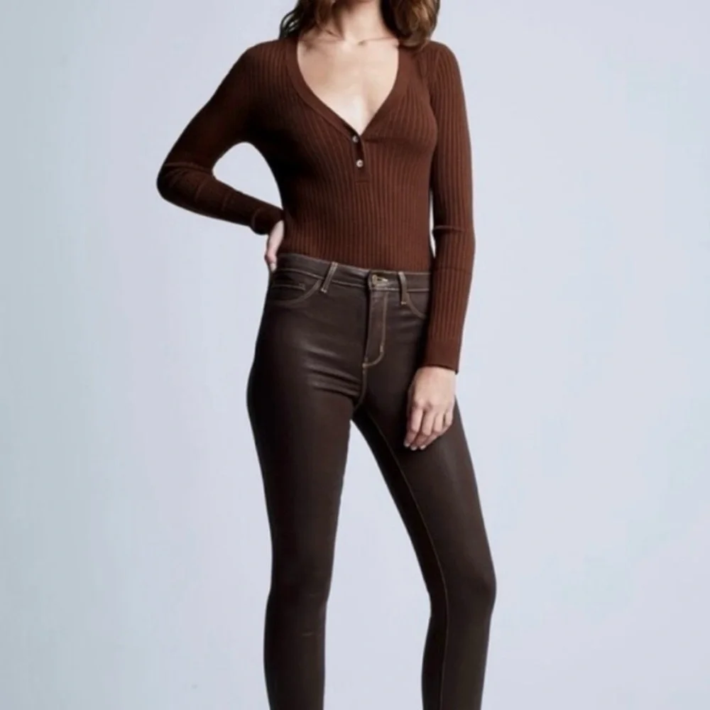 L’Agence NWT Lira Henley Ribbed V Neck Long Sleeve Sweater Bodysuit Brown Size L